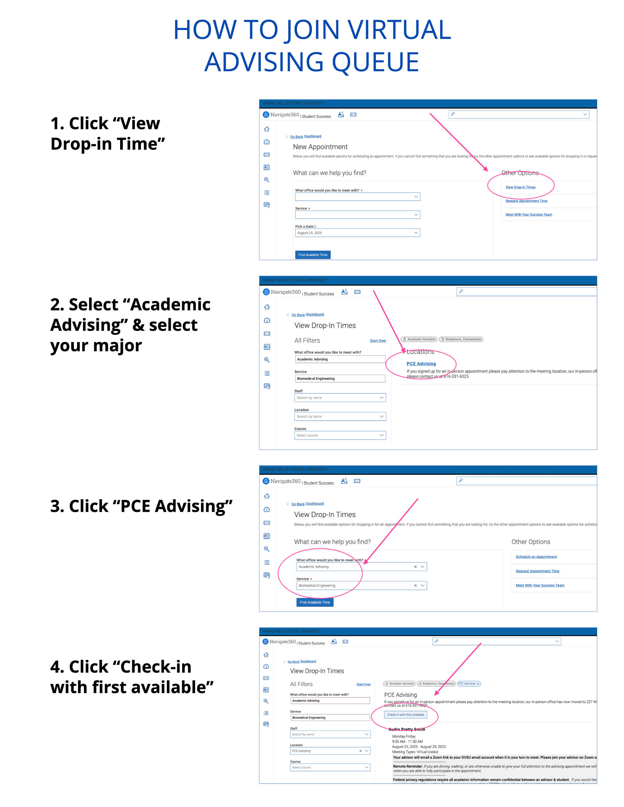 Step by step guide detailing how to join the virtual drop in queue